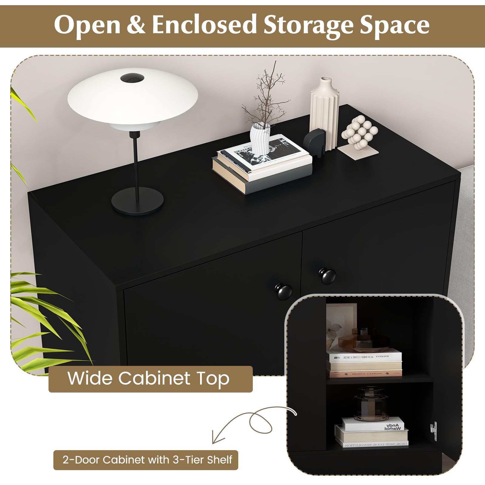 2-Door Storage Cabinet, Modern Floor Cabinet with 3-Tier Shelf