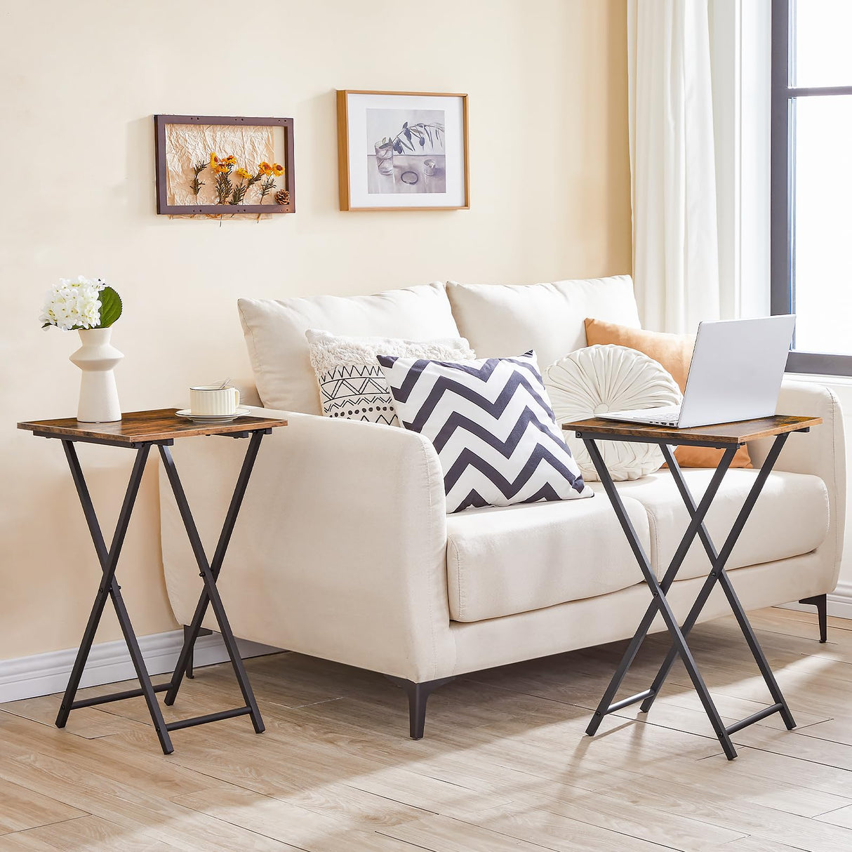 Folding TV Tray Tables, Set of 2 Wooden TV Trays Side Tables, Portable Sofa Snack Table