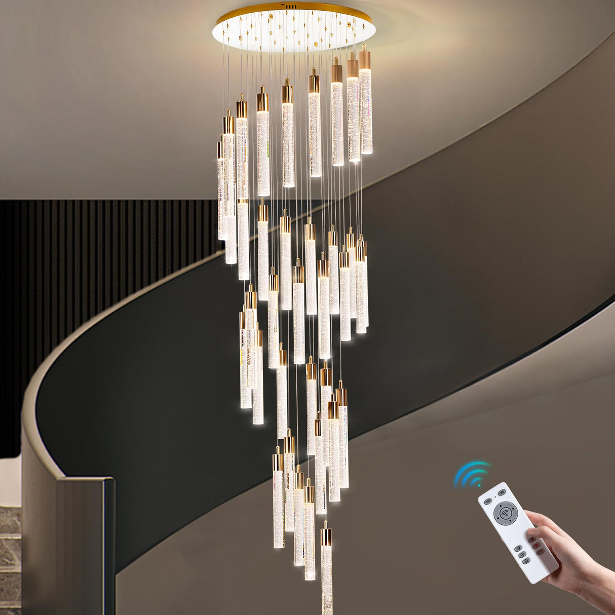 Large Crystal Chandelier – 20FT Adjustable 3-Color Lighting