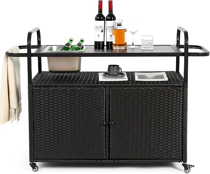 Outdoor Bar Cart Table - Patio Console Storage Cabinet BBQ Grill Carts Buffet with Wheels