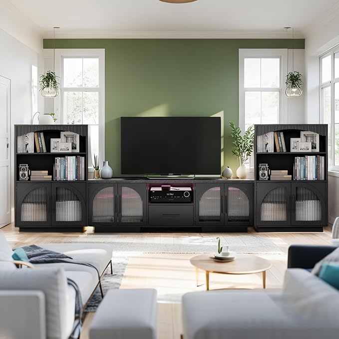 70" TV Stand for 80 Inch TVs, Entertainment Center with LED Lights and Arched Glass Doors