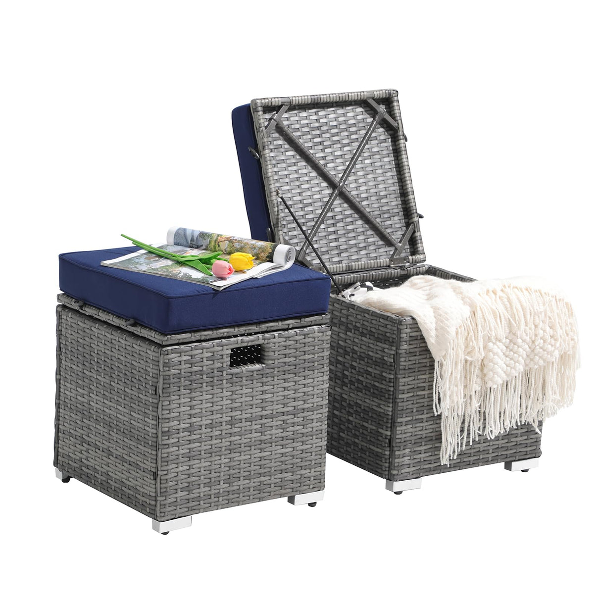 2 Piece Outdoor Patio Ottomans,All-Weather Grey PE Rattan Wicker Ottoman