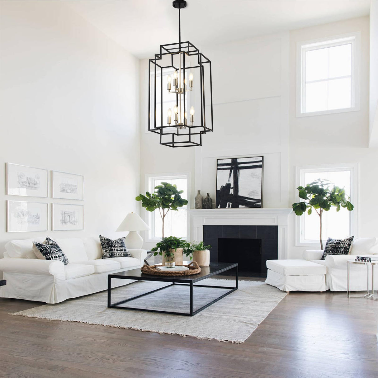 8-Lights Lantern Tiered Pendant Light Fixtures, Black and Silver Foyer Lighting Fixtures