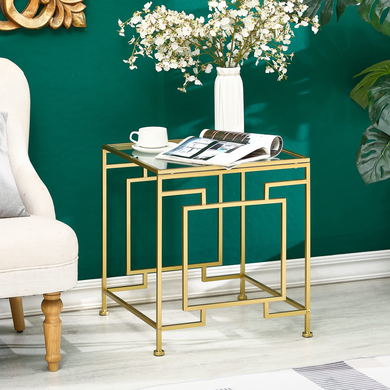 Gold Side Table, Glass Top End Table with Metal Frame, Square Coffee Accent Table Modern