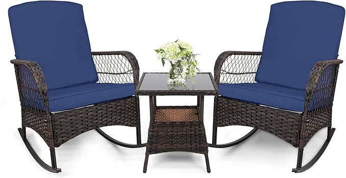 3 pcs Rocking Bistro Set Conversation Chairs PE Wicker Outdoor Rocking Chairs