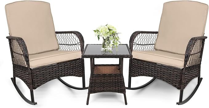 3 pcs Rocking Bistro Set Conversation Chairs PE Wicker Outdoor Rocking Chairs