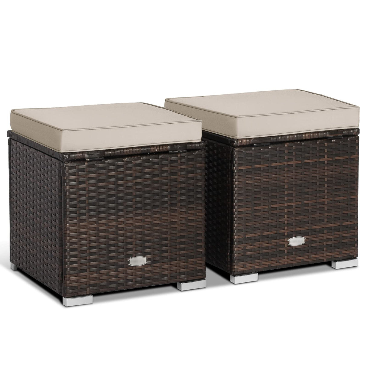 2-Pieces Patio Ottoman Set Outdoor Wicker Stool with Storage, Rattan Footrest Ottoman