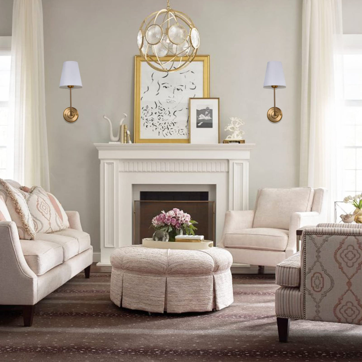 Hardwire Modern Wall Sconces with Flared Shape White Textile Shade Curved Arm