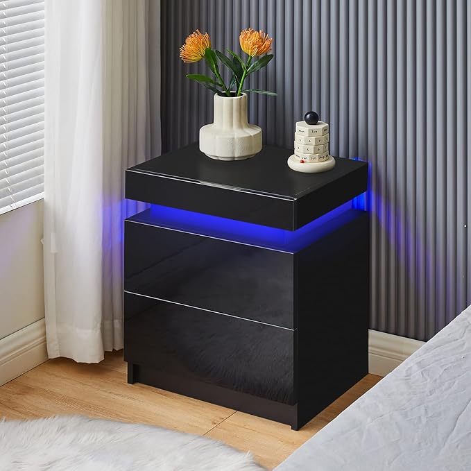 Nightstand Set of 2, LED Night Stand with 3 High Gloss Chest of Drawers, Bedside Table
