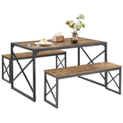 Kitchen Table with 2 Benches for 6,Wood Dining Room Dinette Sets with Metal Frame