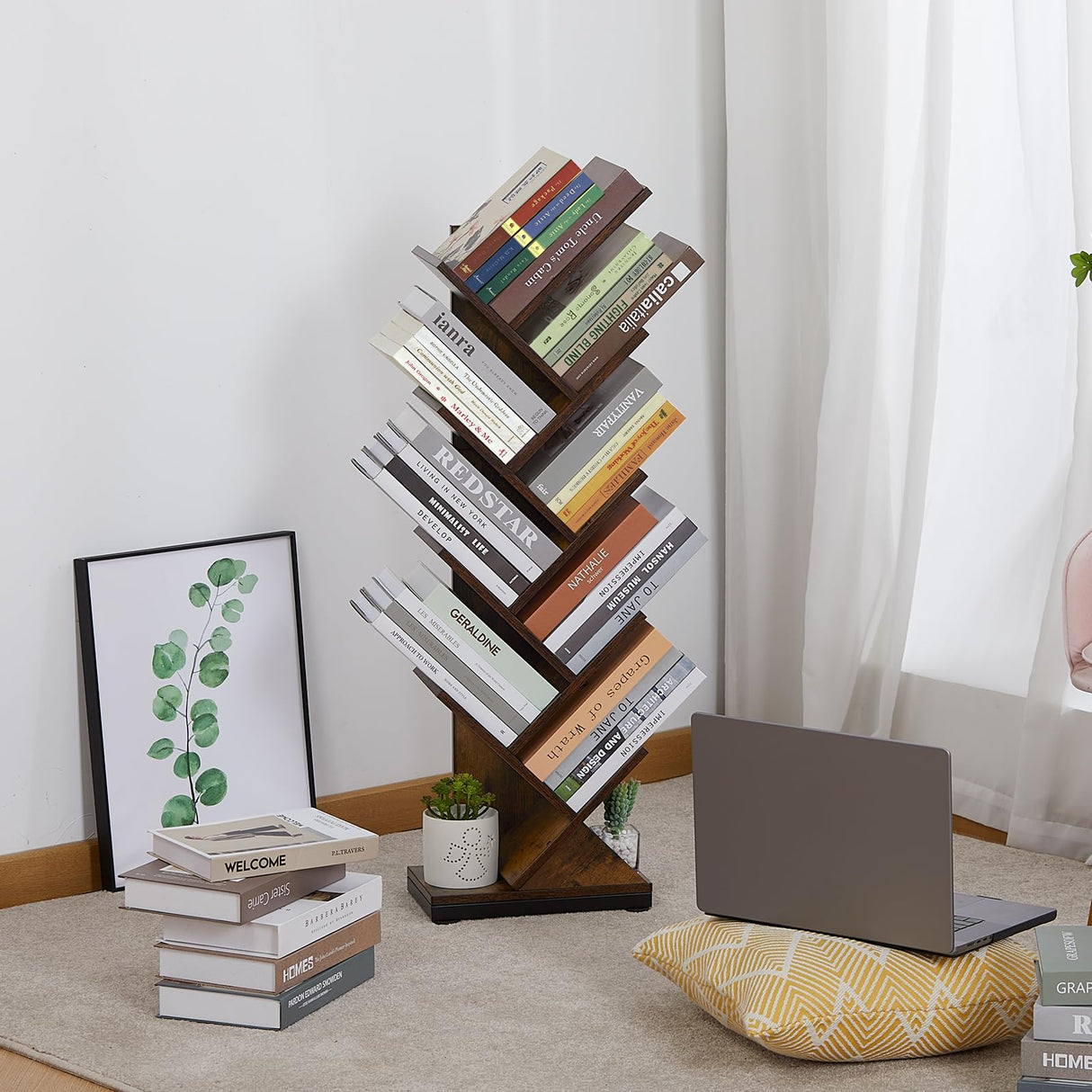 9-Shelf Tree Bookshelf, 38.4-Inch Retro Floor Standing Bookcase Display for CDs/Magazine/Books