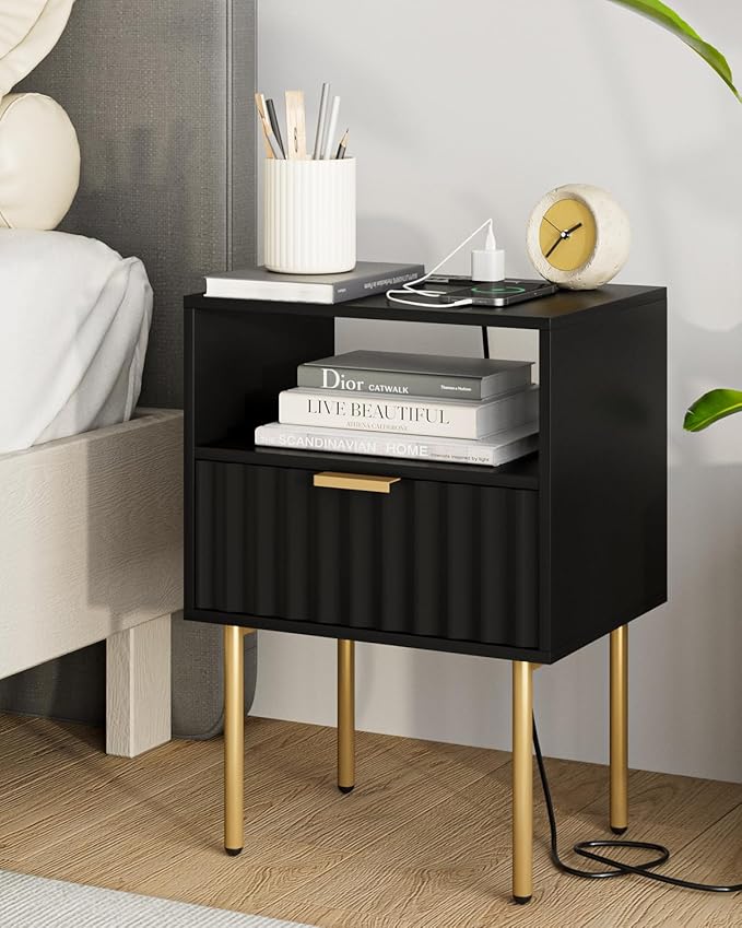 Night Stand with Charging Station, Fluted Bedside Table with Gold Frame