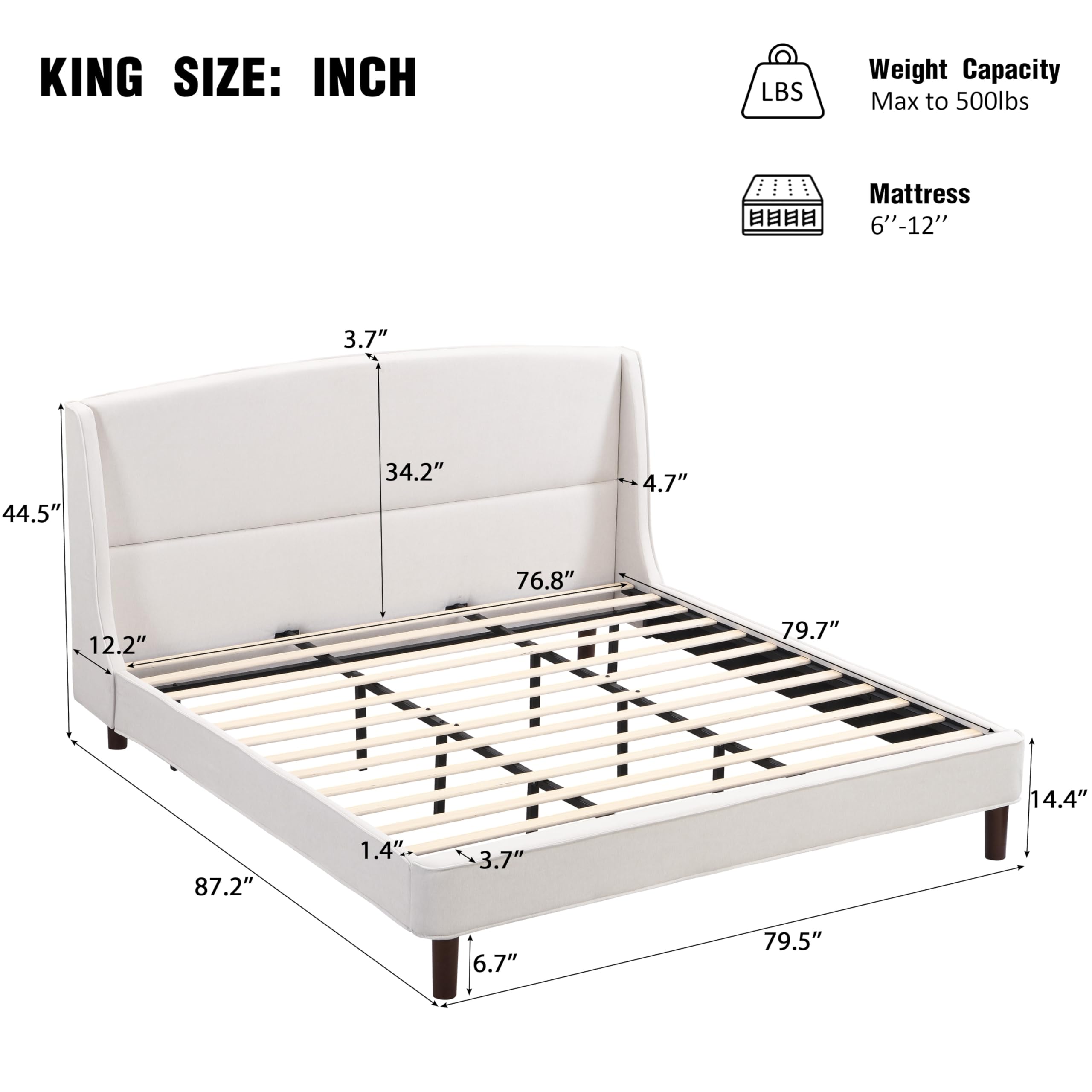 Merax King Size Upholstered Platform Bed Frame, with Wingback Headboard, Beige