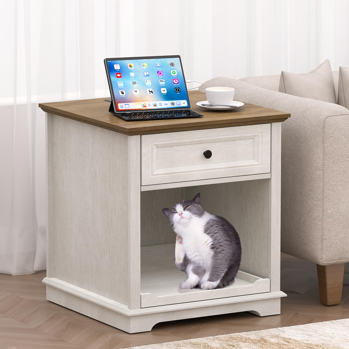 REDAYFUR 24" Large End Table with Charging Station, Sofa Side Table with Drawers, Square Storage Table with 2 Open Mind Drawers & Adjustable Storage Shelf for Living Room,Study Room,Antique White