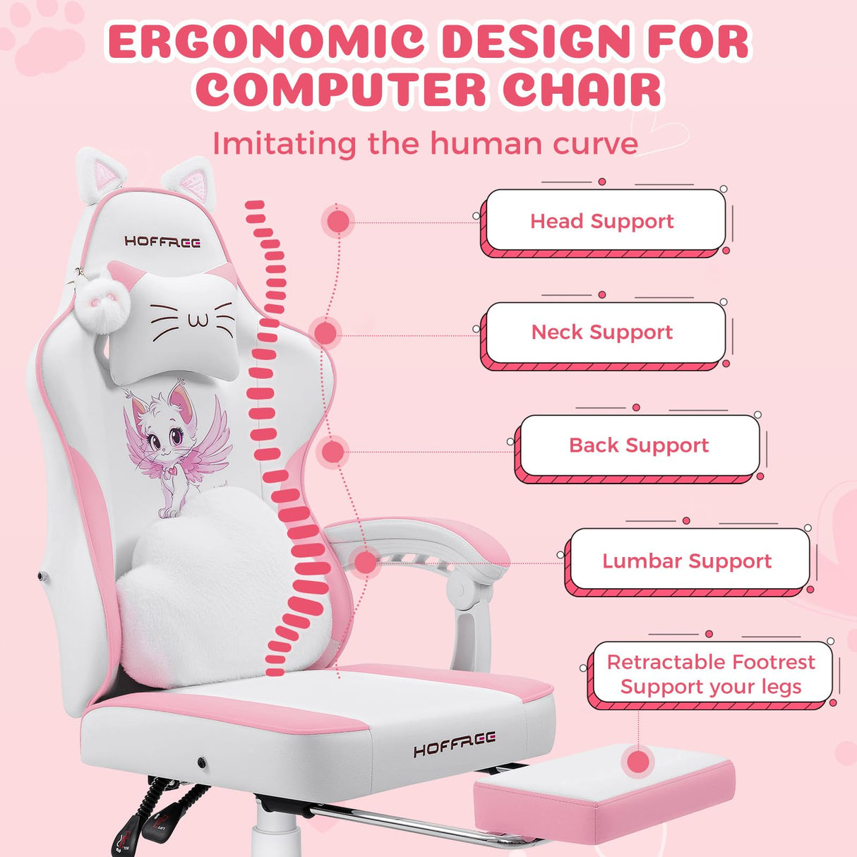 Pink Gaming Chair with Cat Ears and Footrest