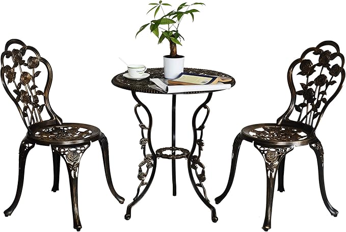 Cast Aluminum Bistro Set of 4, Patio Rose Table and Chair Set with Umbrella Hole