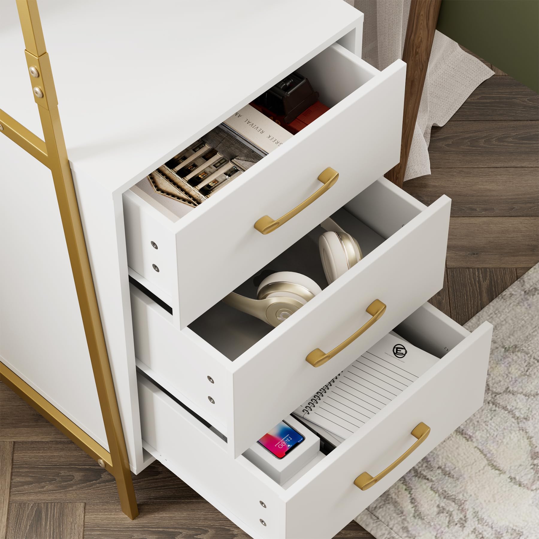 4-Tier Bookshelf, Tall Bookcase with 3 Wooden Drawers, Modern Ladder Book Shlef Storage Organizer for Living Room, Entryway, Office, White Gold