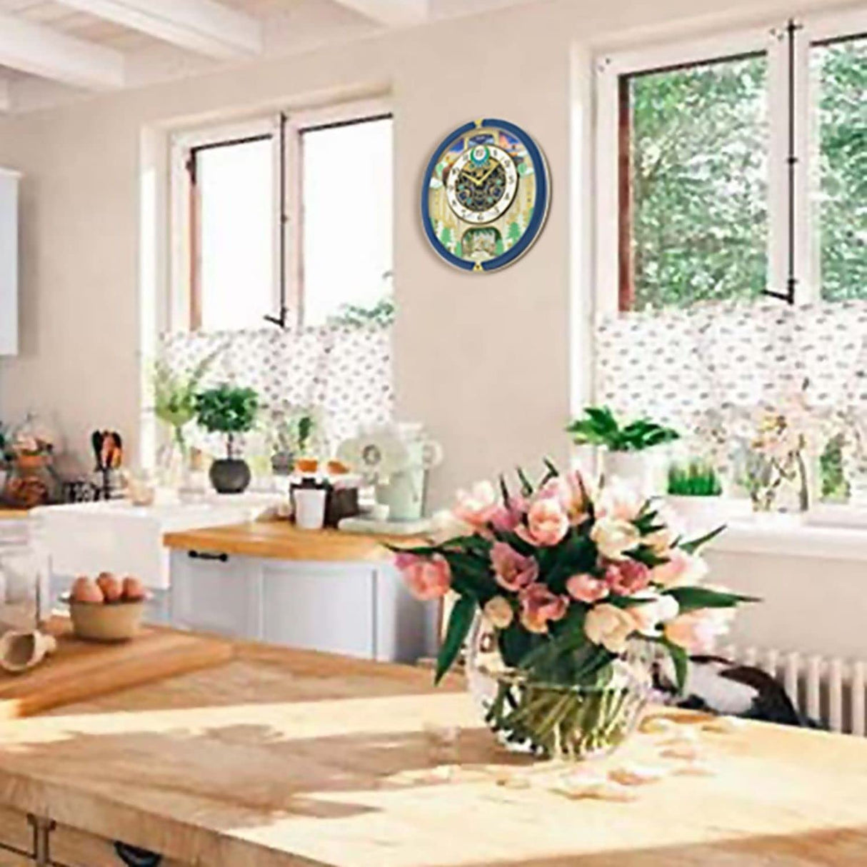 Blue Pine Fantasy Melodies in Motion Clock, Multicolored