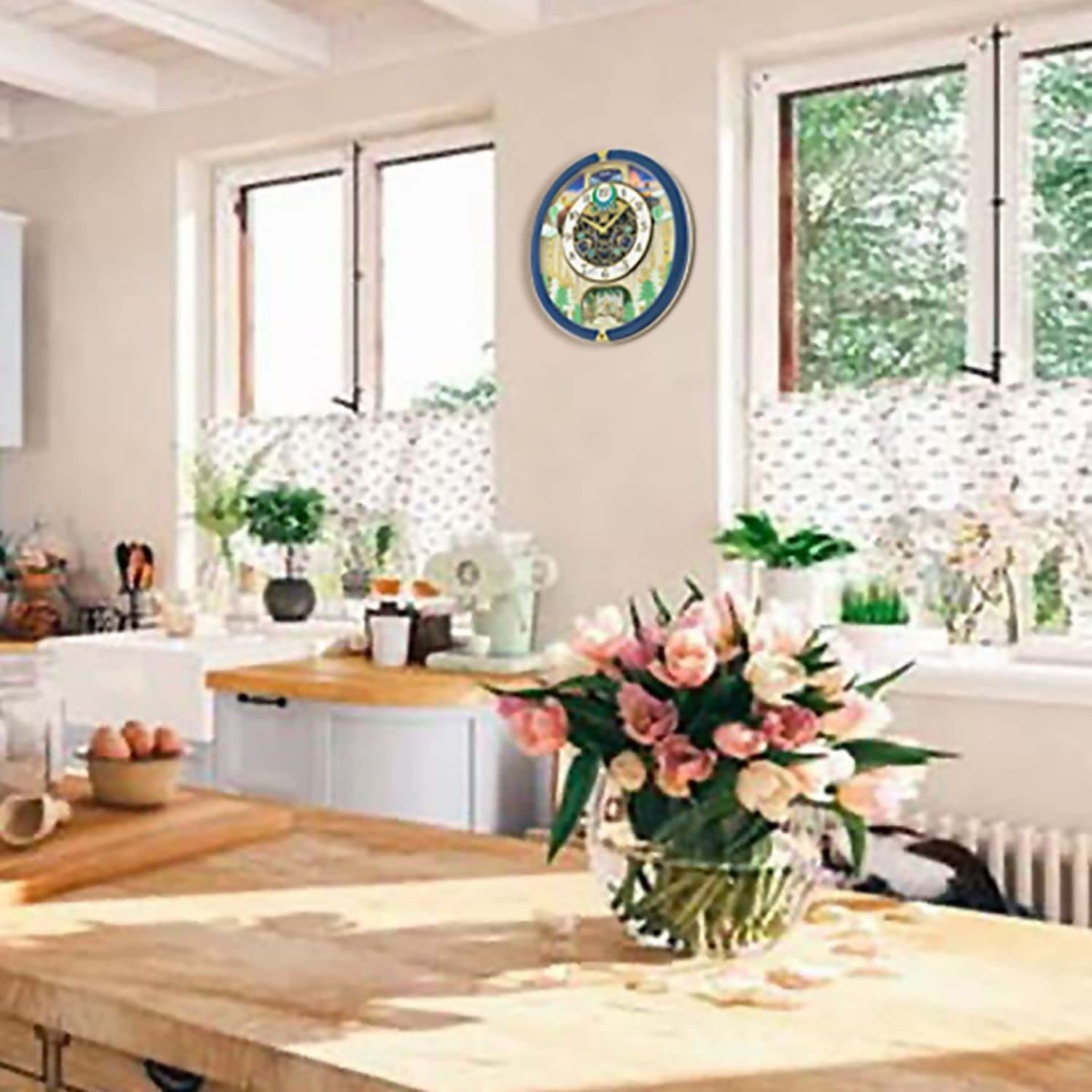 Blue Pine Fantasy Melodies in Motion Clock, Multicolored