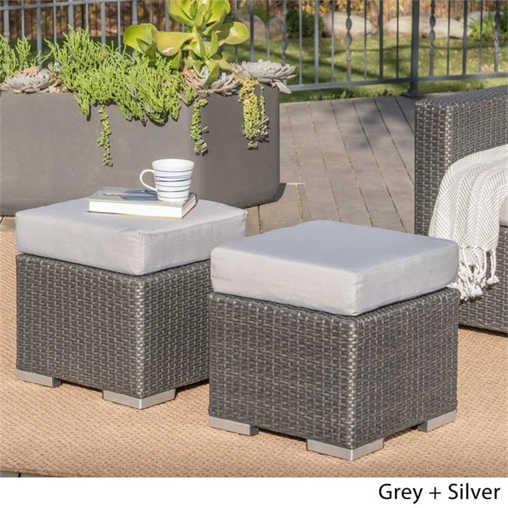 Noble House Santa Rosa 16" Grey Wicker Ottoman Seat w/Silver Cushion (Set of 2)