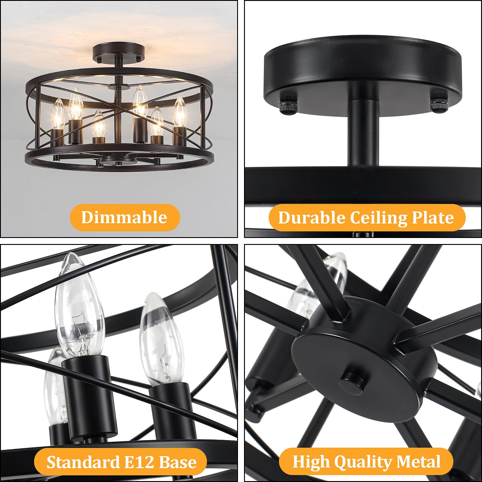 TOULMJ 6-Light Black Semi Flush Mount Ceiling Light, Modern Entryway Light Fixtures, Farmhouse Light Fixtures Ceiling Mount for Kitchen Island Laundry Hallway Dining Room, UL-Listed