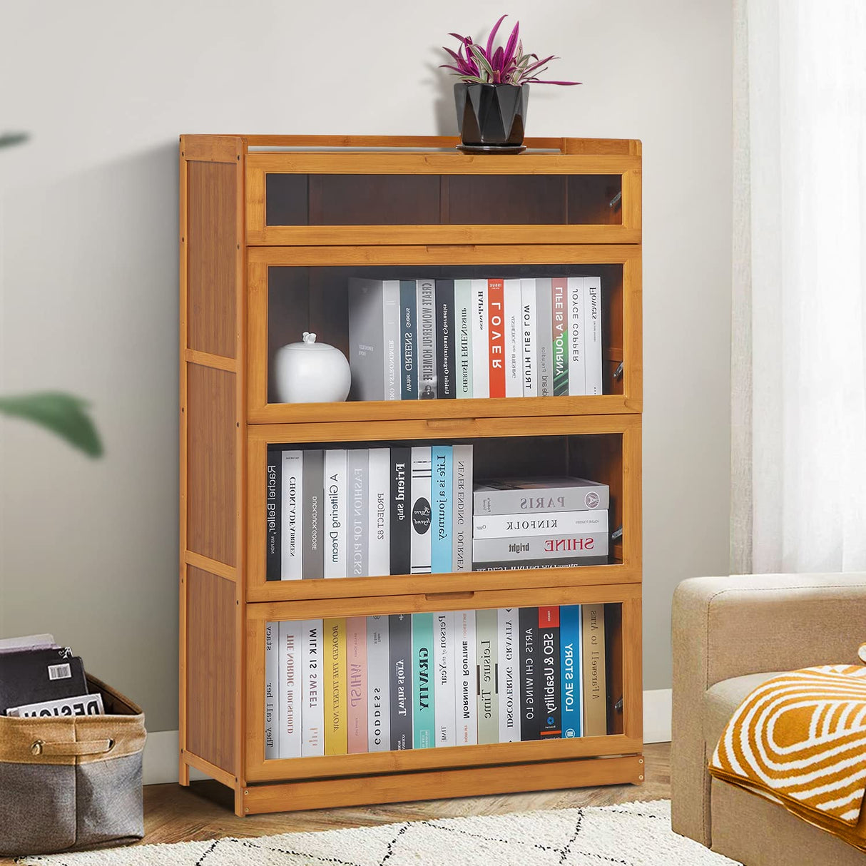 MoNiBloom 4 Tier Book Cabinet with Acrylic Doors Bamboo Display Bookshelf Organizer Stand for Student Room Living Room Home Office, Brown