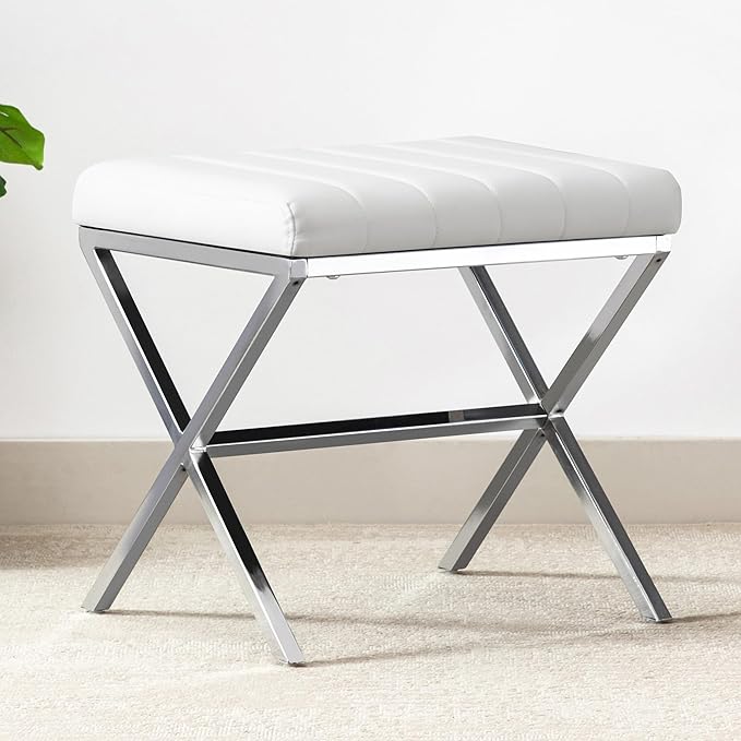 Vanity Stool,Modern PU Leather Ottoman Stool Chair for Vanity,Vanity Bench with Metal X Legs