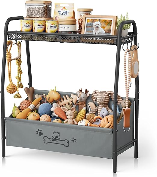 Large Dog Toy Storage Basket with Shelf & Hooks - 23.6" Organizer