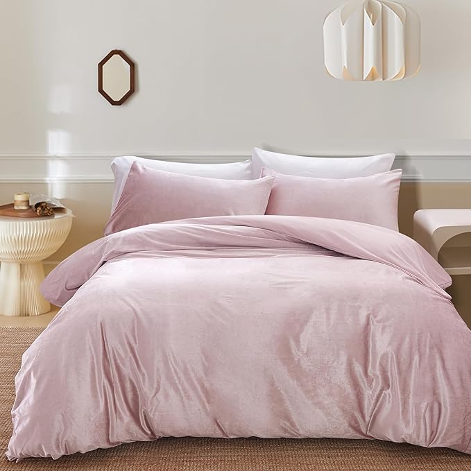 Dirty Pink Velvet Microfiber Duvet Cover Set Queen Size, 3 Piece Reversible Duvet