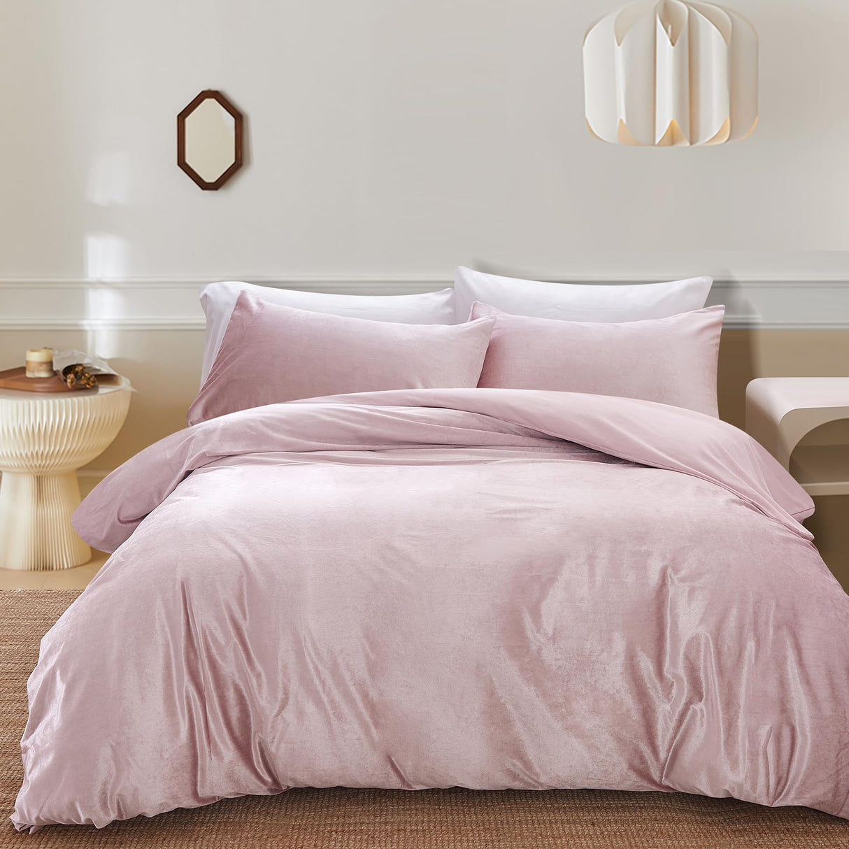 Dirty Pink Velvet Microfiber Duvet Cover Set Queen Size, 3 Piece Reversible Duvet