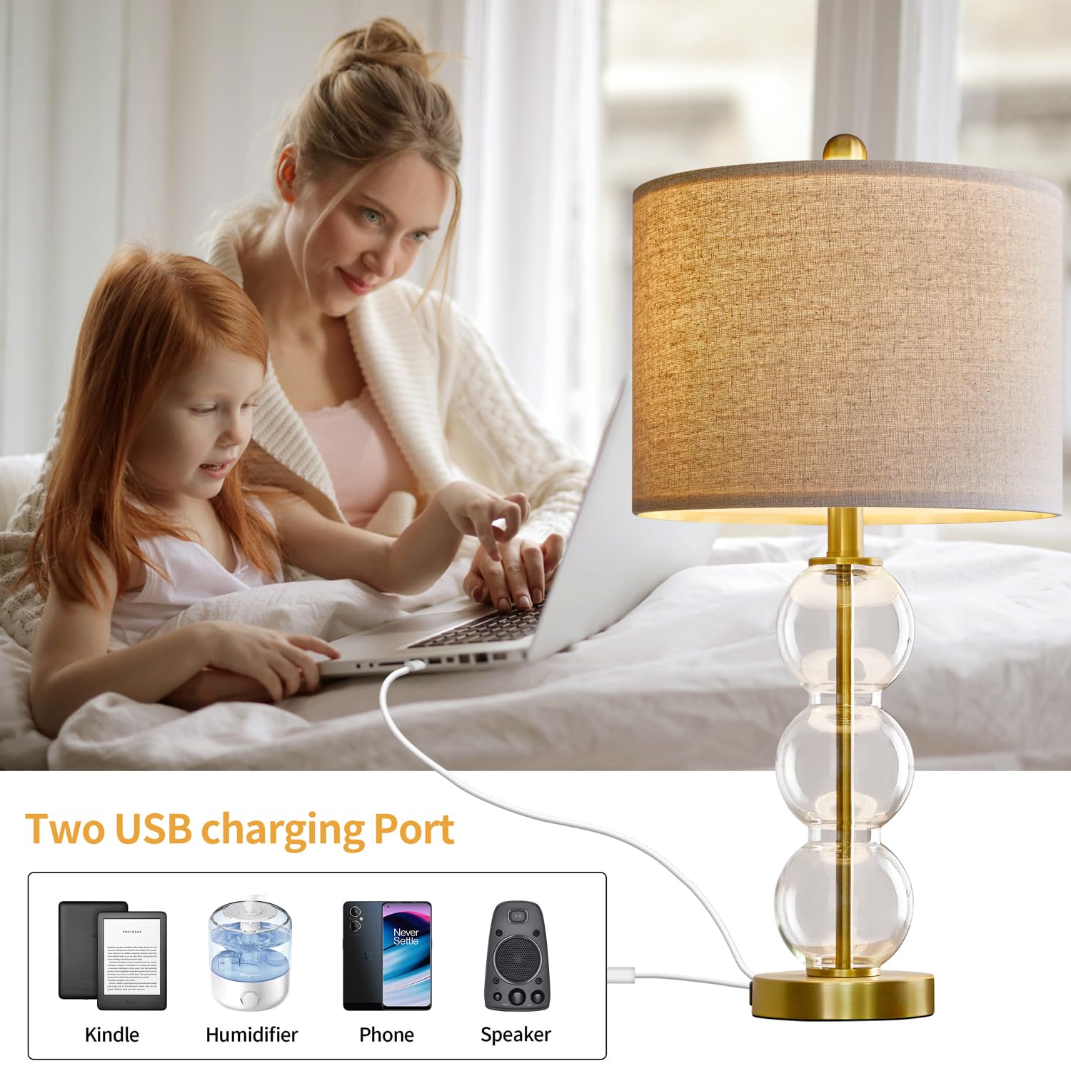 USumkky 24'' Glass Table Lamps Set of 2 for Bedroom Living Room,Gold Glass Bedside Lamps for Nightstands with USB Ports and AC Outlets(Bulbs not Included)