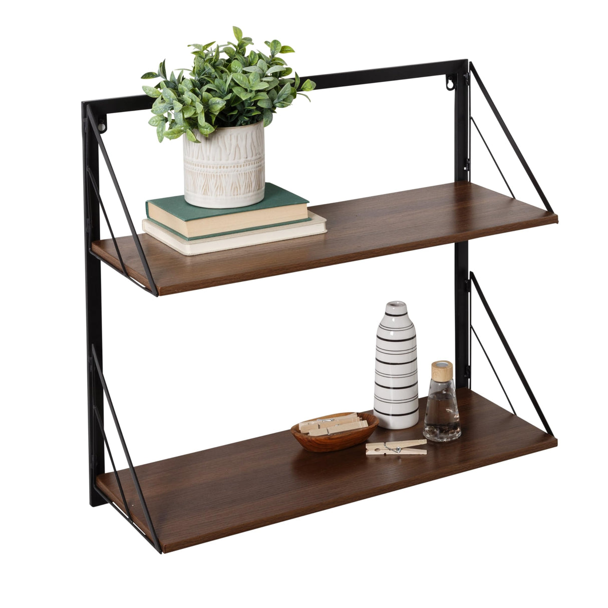 Multi-Purpose Two Tier Floating Wall Shelf with Wood Shelves and Metal Bracket