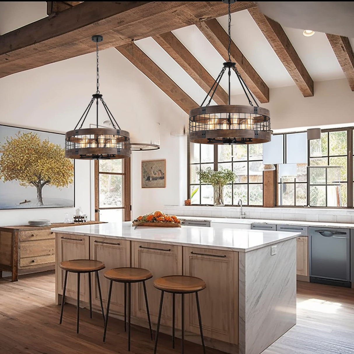 LamQee 24 Inch Farmhouse Dining Room Light Fixture, 6 Lights Modern Farmhouse Chandelier with Wood and Black Metal Shade, Large Rustic Chandeliers Hanging Pendant Lighting for Kitchen Entryway Foyer