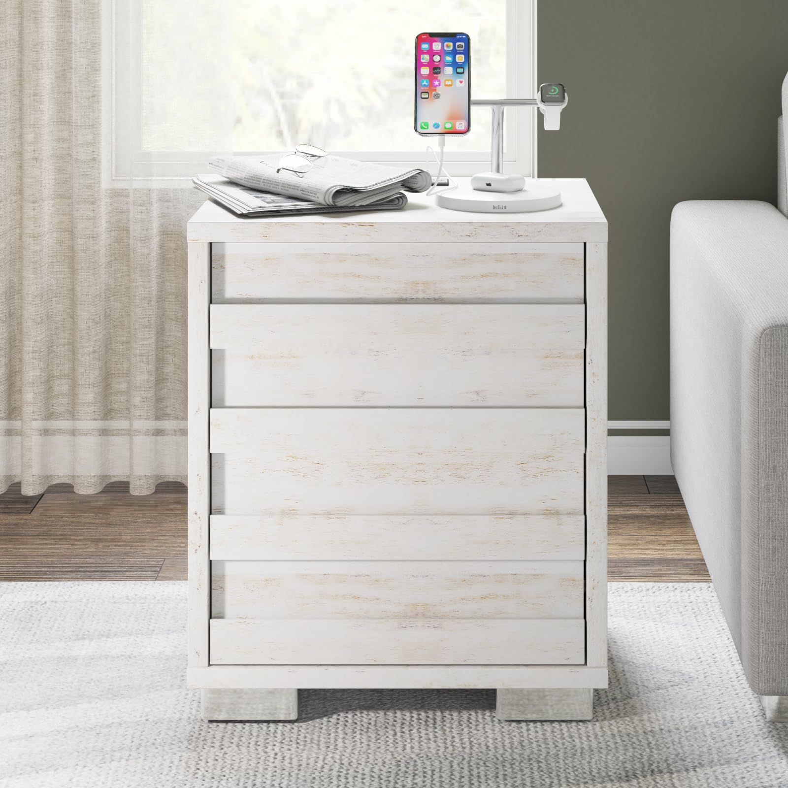 Nightstand Set of 2 with Charging Station, Wood Bedside Table with 2 Drawers