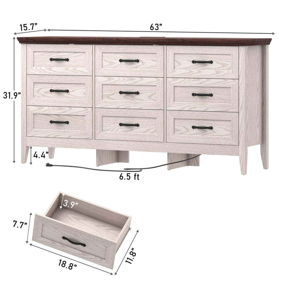 Farmhouse 9 Drawers Dresser, 63" Wood Dresser for Bedroom Wide Chest