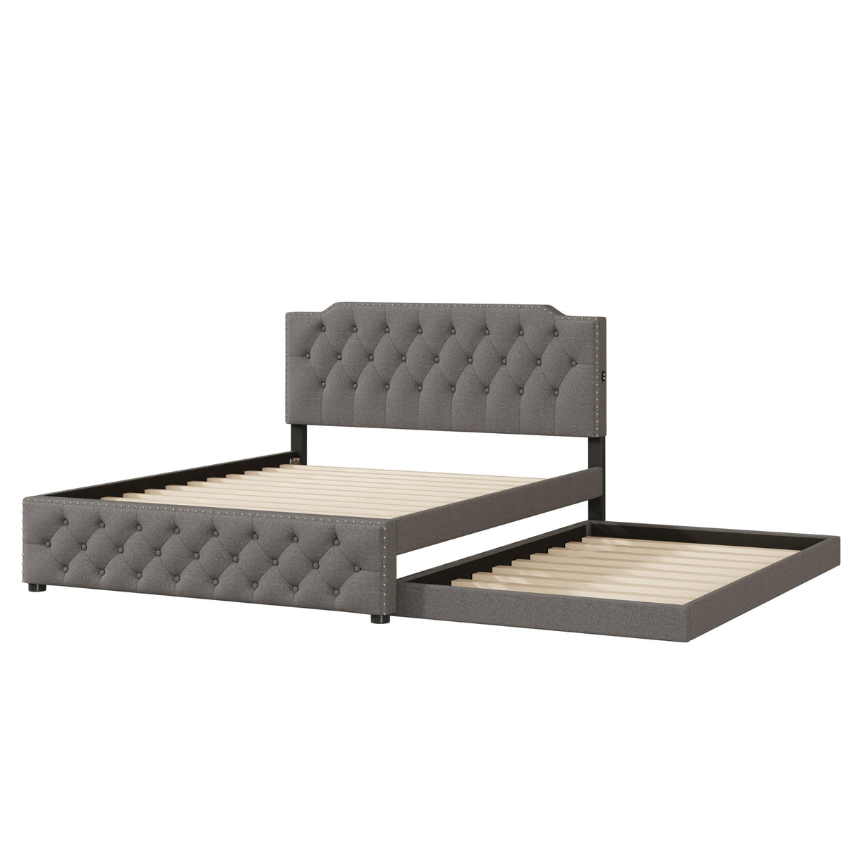 Queen Size Upholstered Platform Bed with Twin Size Trundle and 2 Sets of USB Ports