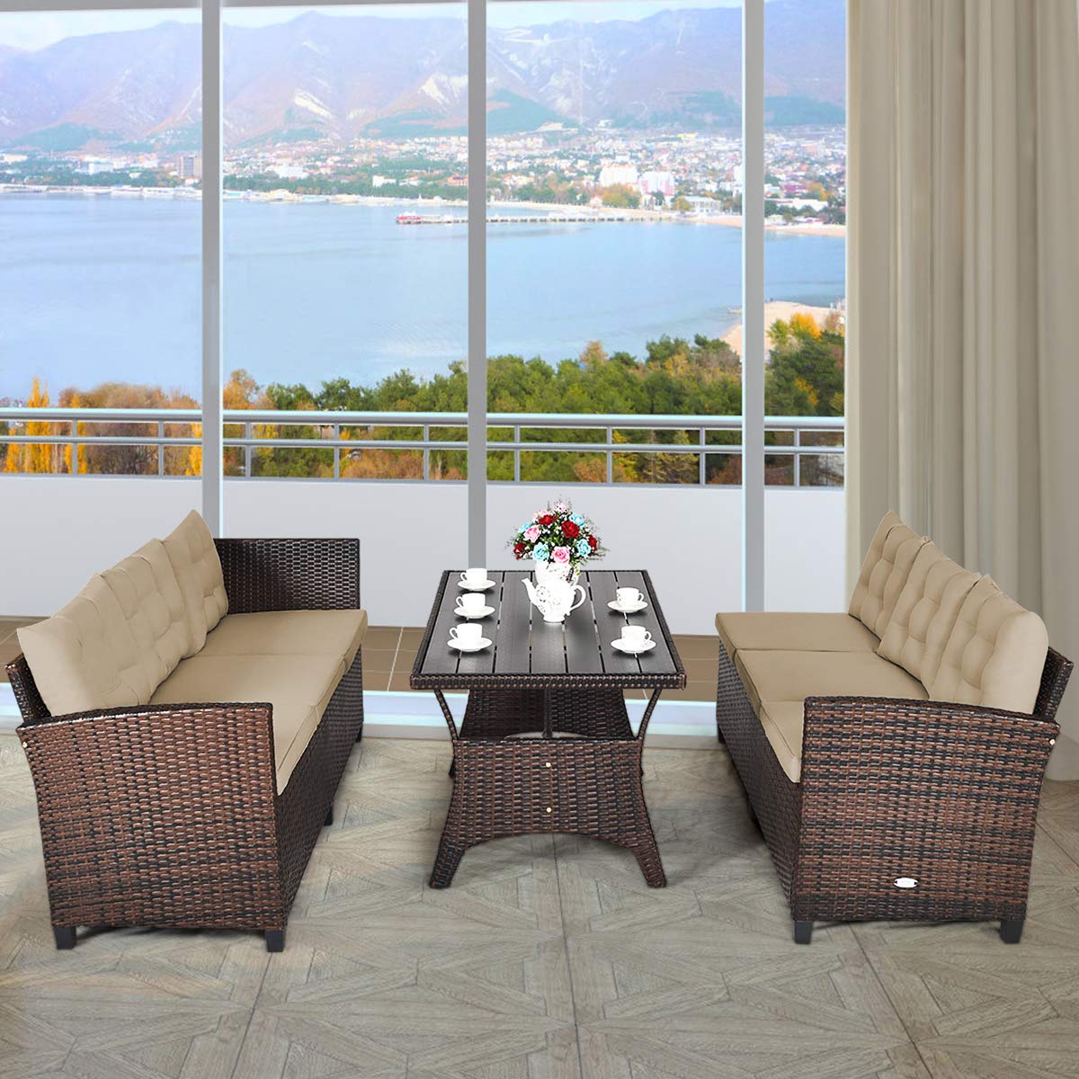 Patio Furniture Set, 3 Pieces Outdoor Conversation Set with 6 Cushioned Seat & Coffee