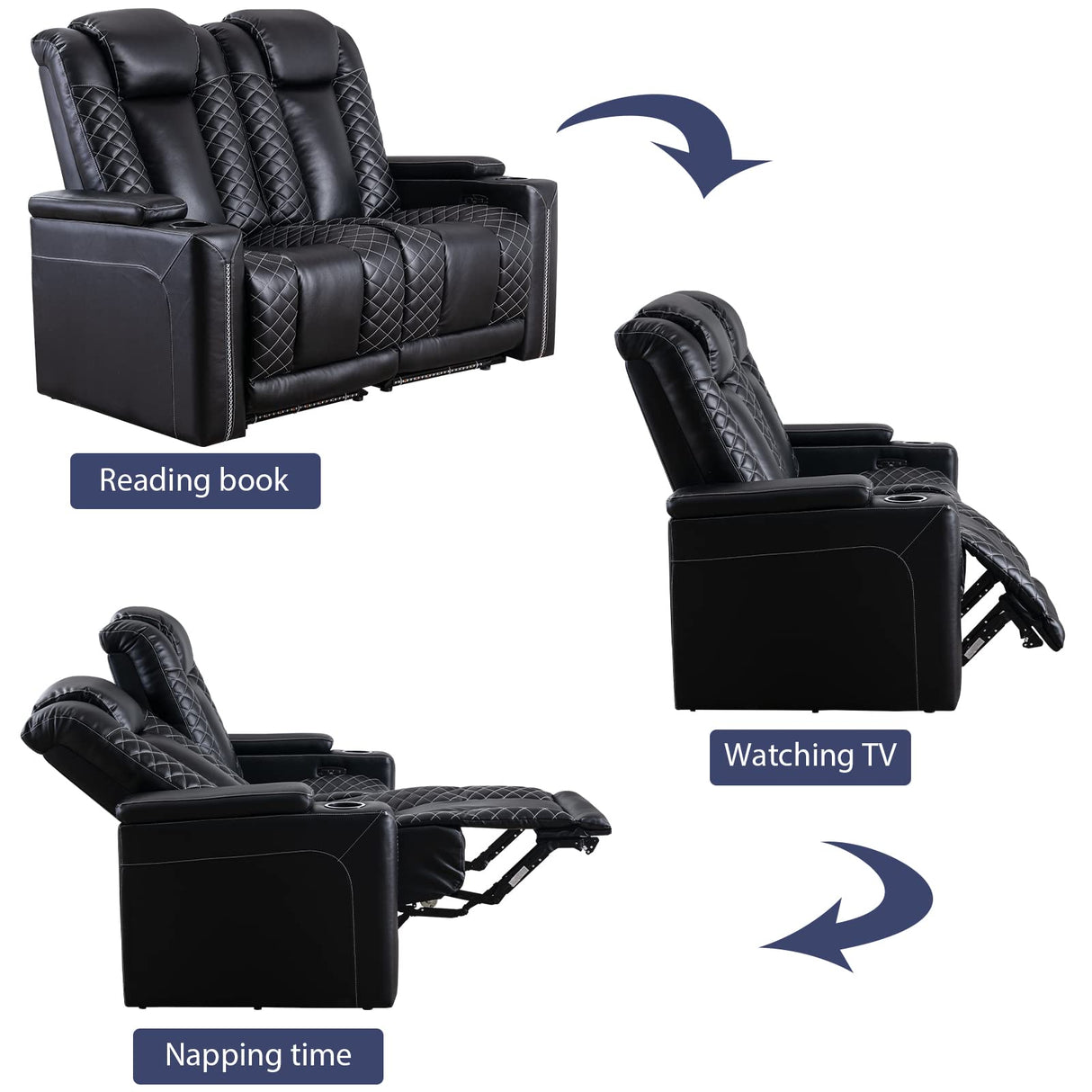 Home Theater Seating, Electric Power Recliner with USB Ports and Cup Holders