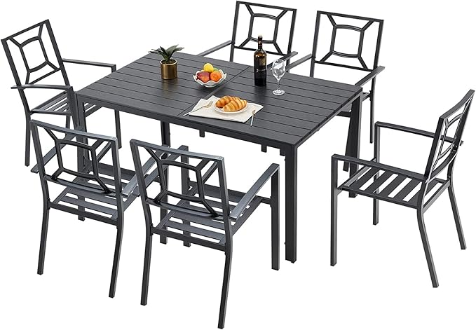 7 Piece Outdoor Dining Set, 60" x 36" Aluminum Patio Table and Chairs Set for 6