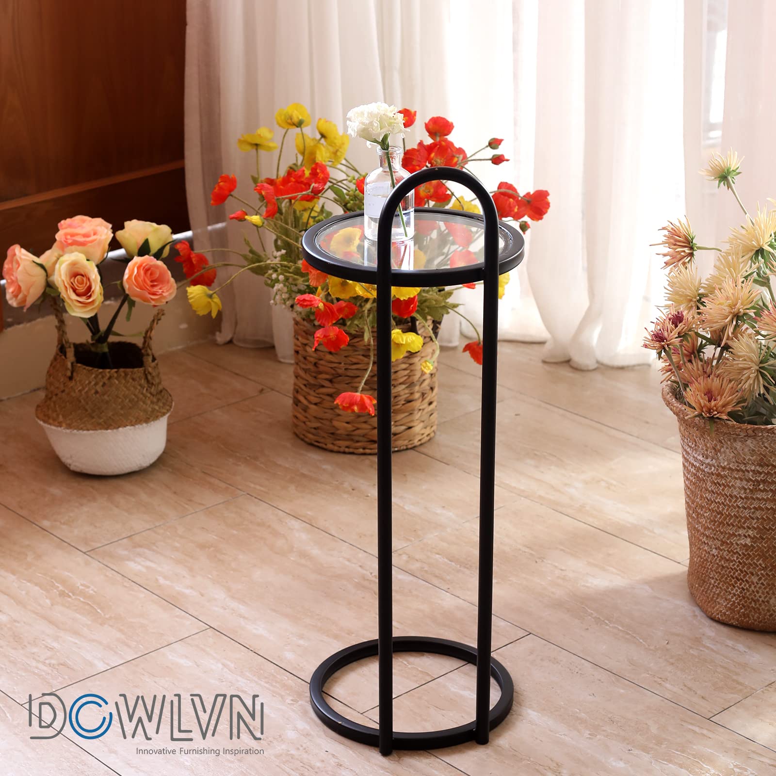 Black Glass Small Drink Snack Accent Martini Table, C Shaped Side End Table