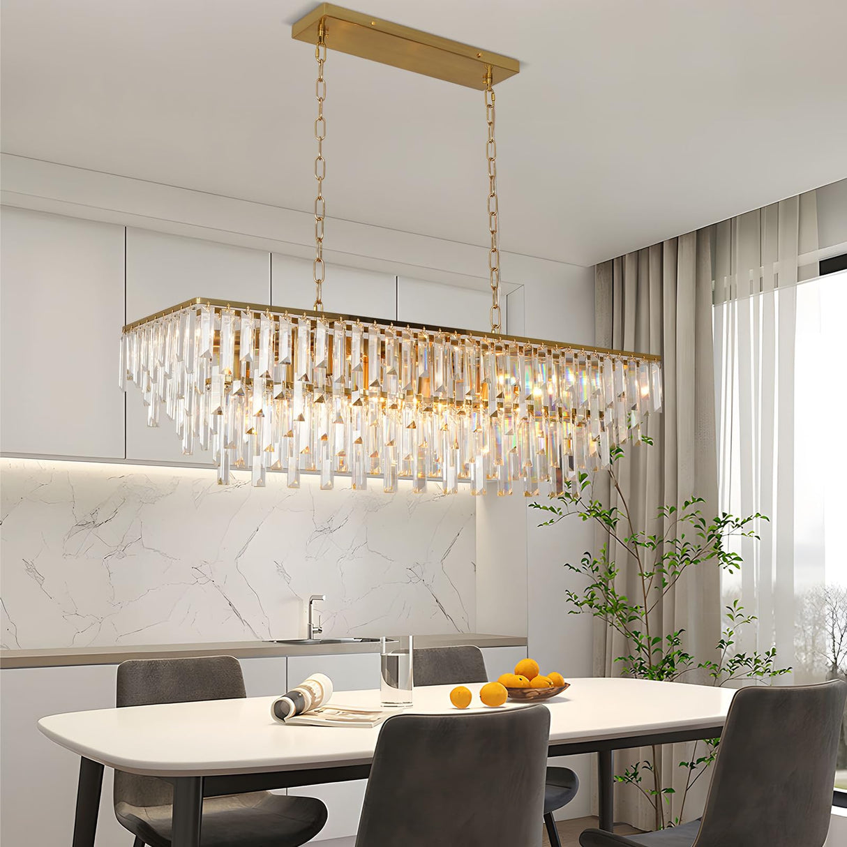 39" Modern Rectangle Crystal Chandelier, Gold Linear Pendant Light with Clear Crystal Prisms, Luxury Island Lighting Fixture for Dining Room Kitchen Table Living Room