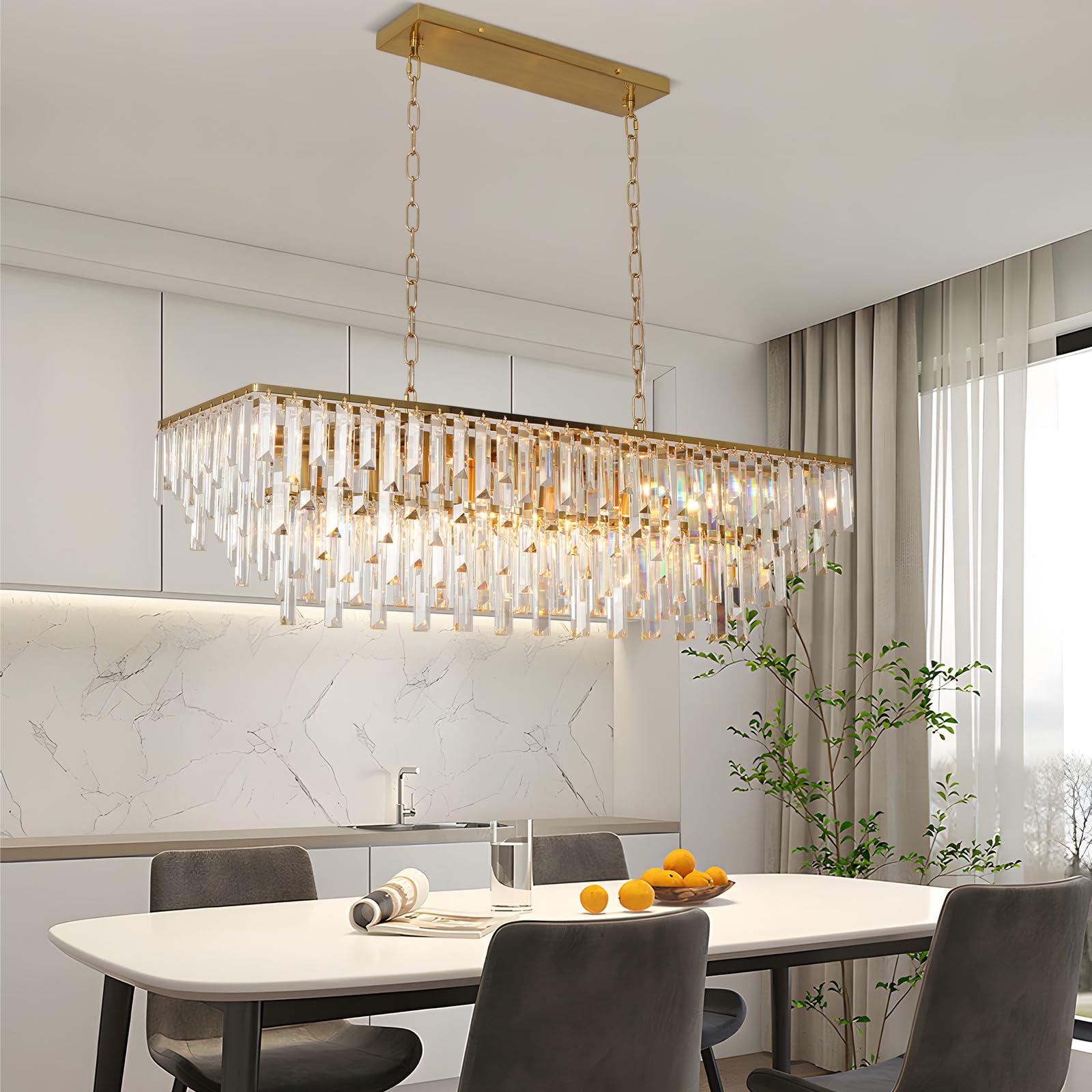 39" Modern Rectangle Crystal Chandelier, Gold Linear Pendant Light with Clear Crystal Prisms, Luxury Island Lighting Fixture for Dining Room Kitchen Table Living Room