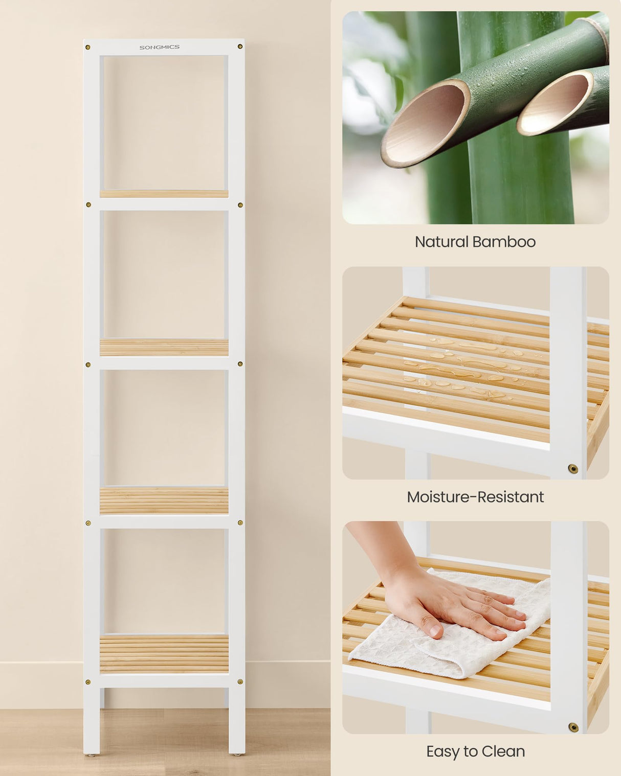 5-Tier Bamboo Bathroom Shelf, Narrow Shelving Unit