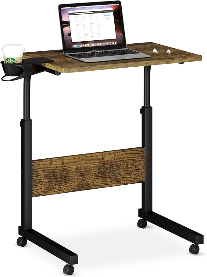 Standing Desk Adjustable Height, Stand Up Desk with Cup Holder, Portable Laptop Desk, Mobile, Small Computer Desk, Bedside Table, Black Rolling Desk, Work Desk for Home Office