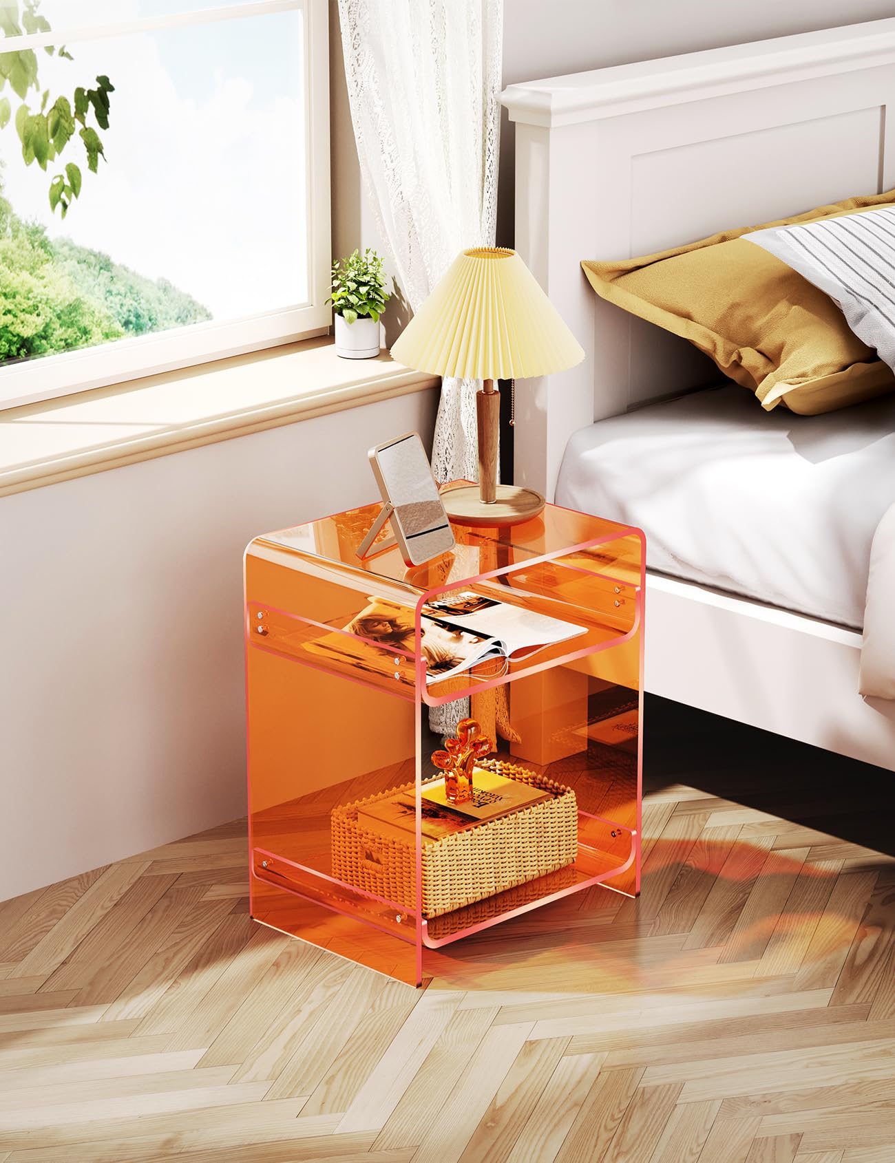 End Table Record Player Table with Storage Shelf Clear Side Table Nightstand, Orange