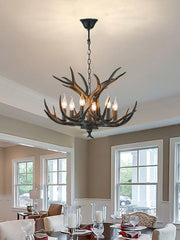Coffee Brown Resin Antler Chandelier 6-Light Easy Install - Rustic Lodge Ceiling Fixture with E12 Base for Cabin, Living Room & Dining Room Deer Horn Antler Lamp (Coffee Brown)