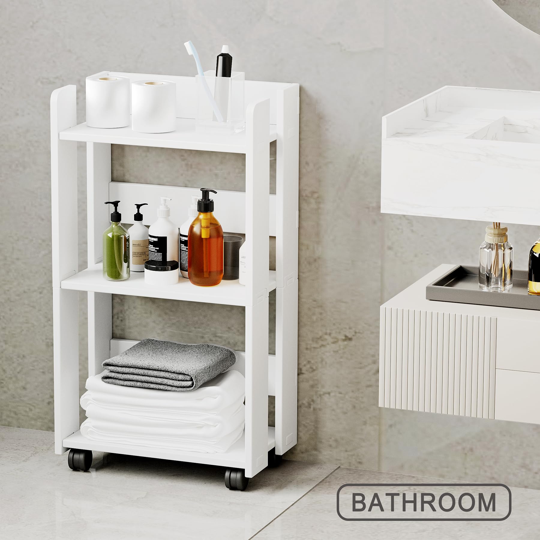 yeavs 3-Tier Side Table with Wheels, Moveable Bookshelf, Multi-Functional Rolling Bookcase Storage Cart Organizer for Office Living Room Bedroom Bathroom, White