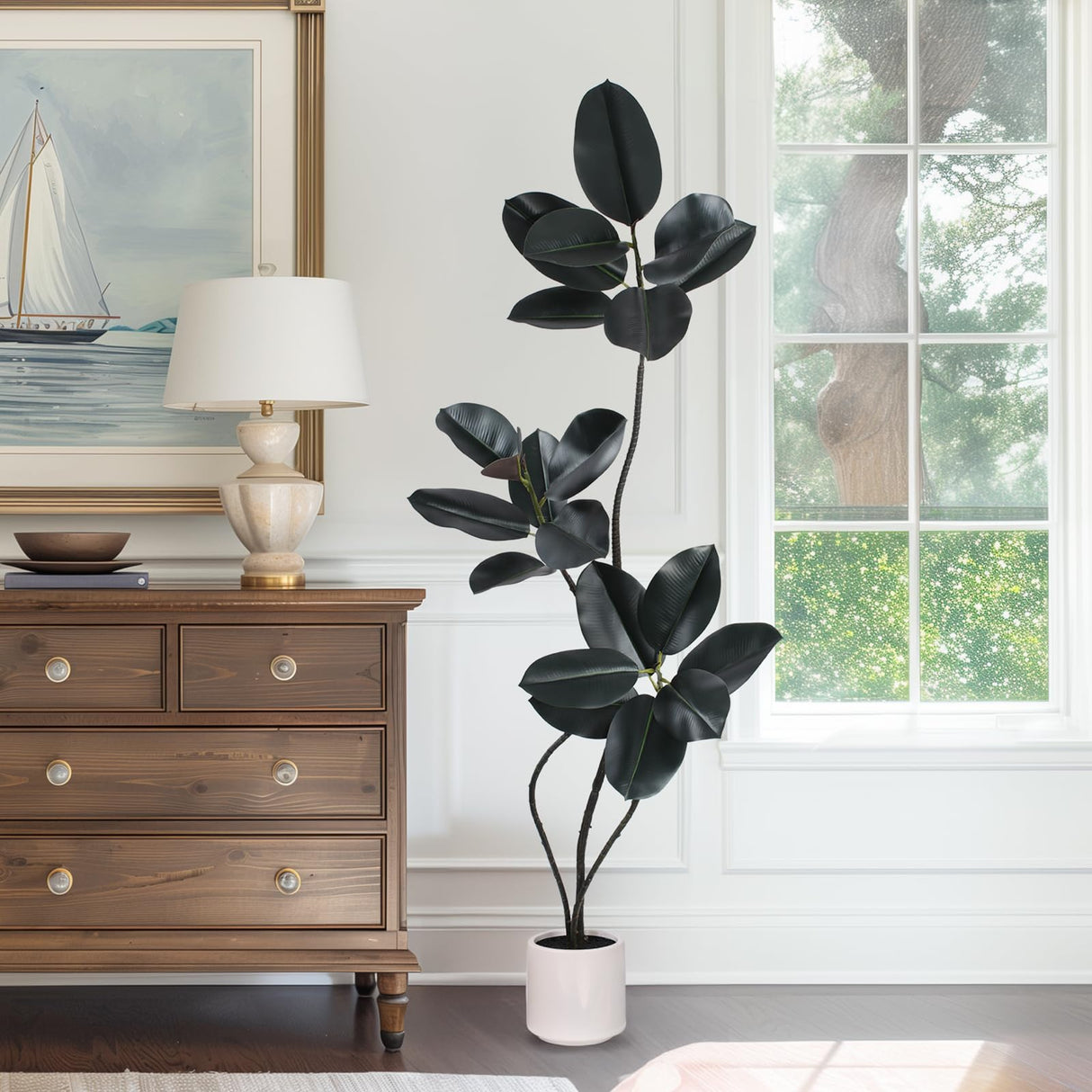 Artificial Rubber Tree Plant -5FT Faux Plants Indoor with Planter