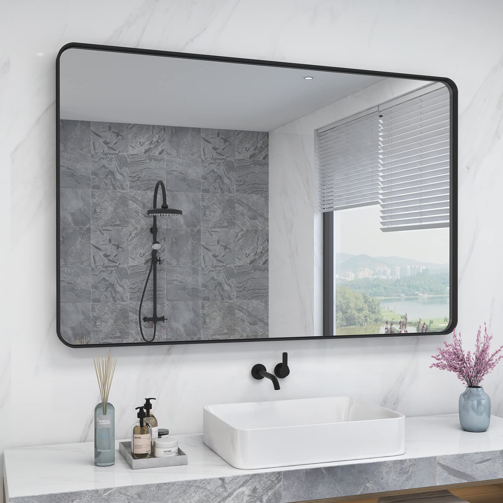 Matte Black Bathroom Wall Mirror  Rounded Corner Rectangle Mirror