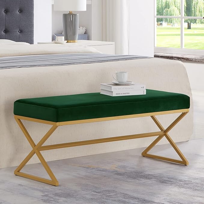 Velvet Upholstered Entryway Bench with Metal Leg, Padded Bedroom Bench